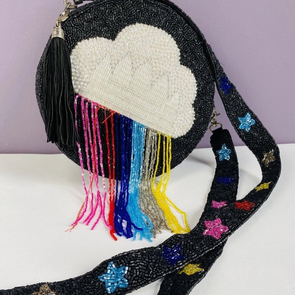 Black Metallic Rainbow Iridescent Cloud Hand Beaded Fringe Shoulder Bag Stars - Picture 8 of 8